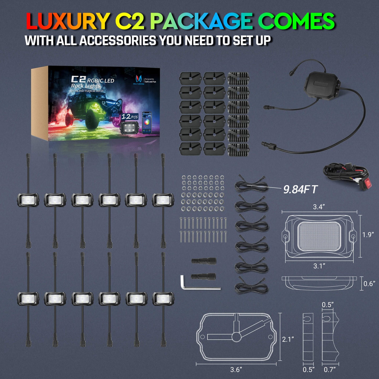 C2 Max RGB+IC Chasing Color Rock Lights Kit, 2-24 Pods, IP68 Waterproof